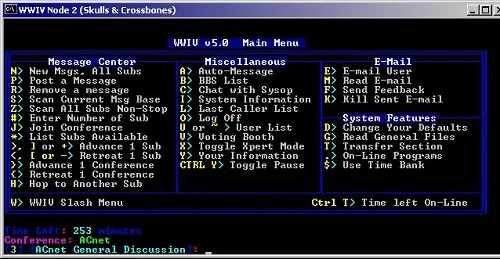 Screenshot of BBS (Bulletin Board Services) popular during the 1980s and early 1990s