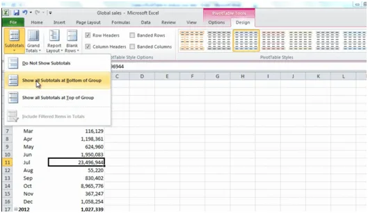 Different ways of displaying subtotals