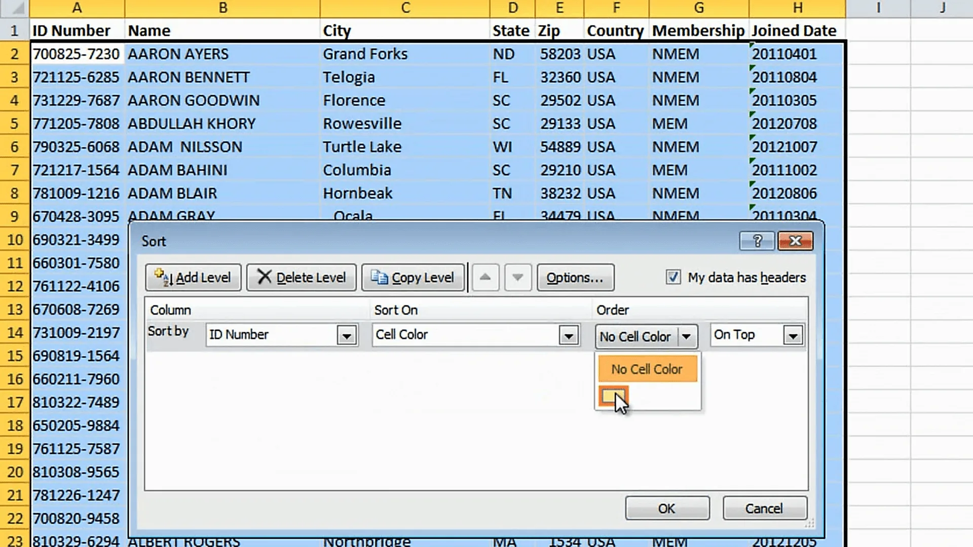 Sort the ID Number column by color
