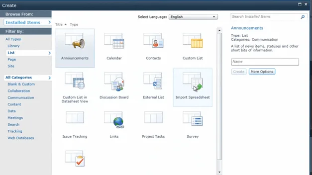 Under "List" select "Import Spreadsheet" and click "Create" How to import a spreadsheet into SharePoint