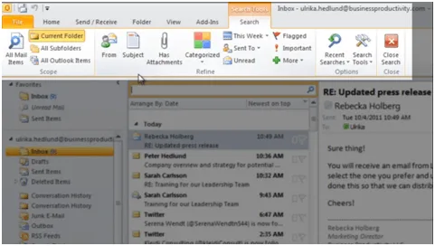 Click on search box How to configure search in Microsoft Outlook 2010