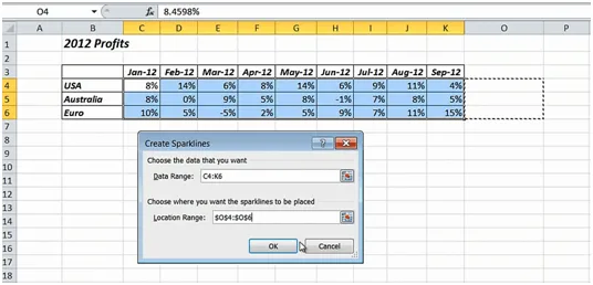 How to insert sparklines in Microsoft Excel 2010