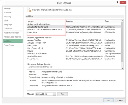 Go to File -> Options -> Add-ins. Use Excel to analyze Twitter data