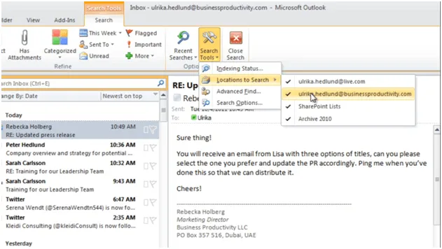 Adding all accounts How to configure search in Microsoft Outlook 2010
