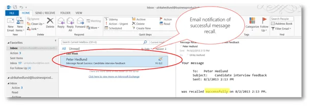 Email notification successful message recall | © Business Productivity