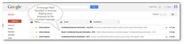 Email titled Recall received | © Business Productivity