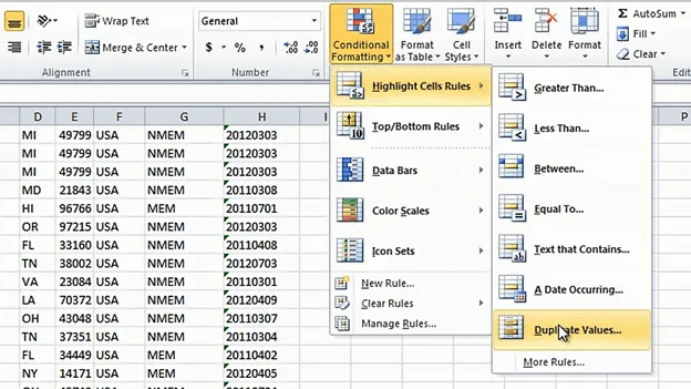 Click “Conditional formatting” and select “Highlight Cells Rules” then click “Duplicate Values