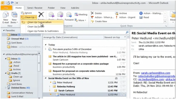 Go to the “Home” tab and choose “Clean Up” How to use the email clean up tool