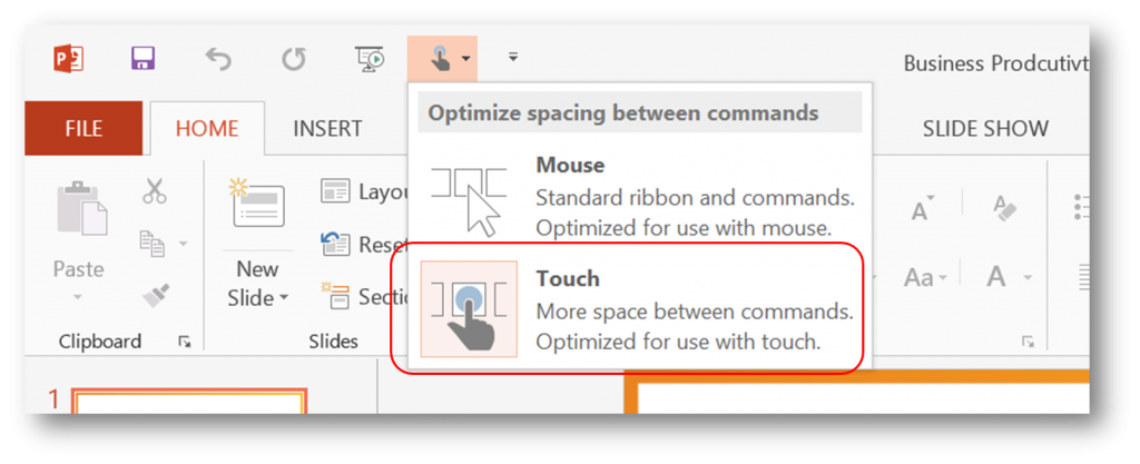 Enable touch mode in PowerPoint 2013