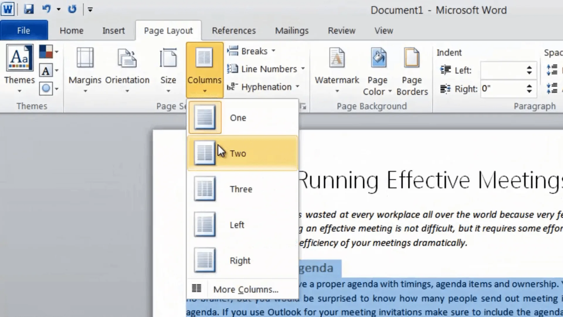 How to format text into two columns in Word 2010