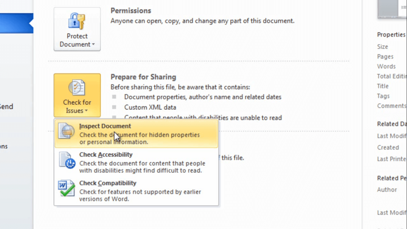 How to remove hidden data from a document in Microsoft Word 2010 