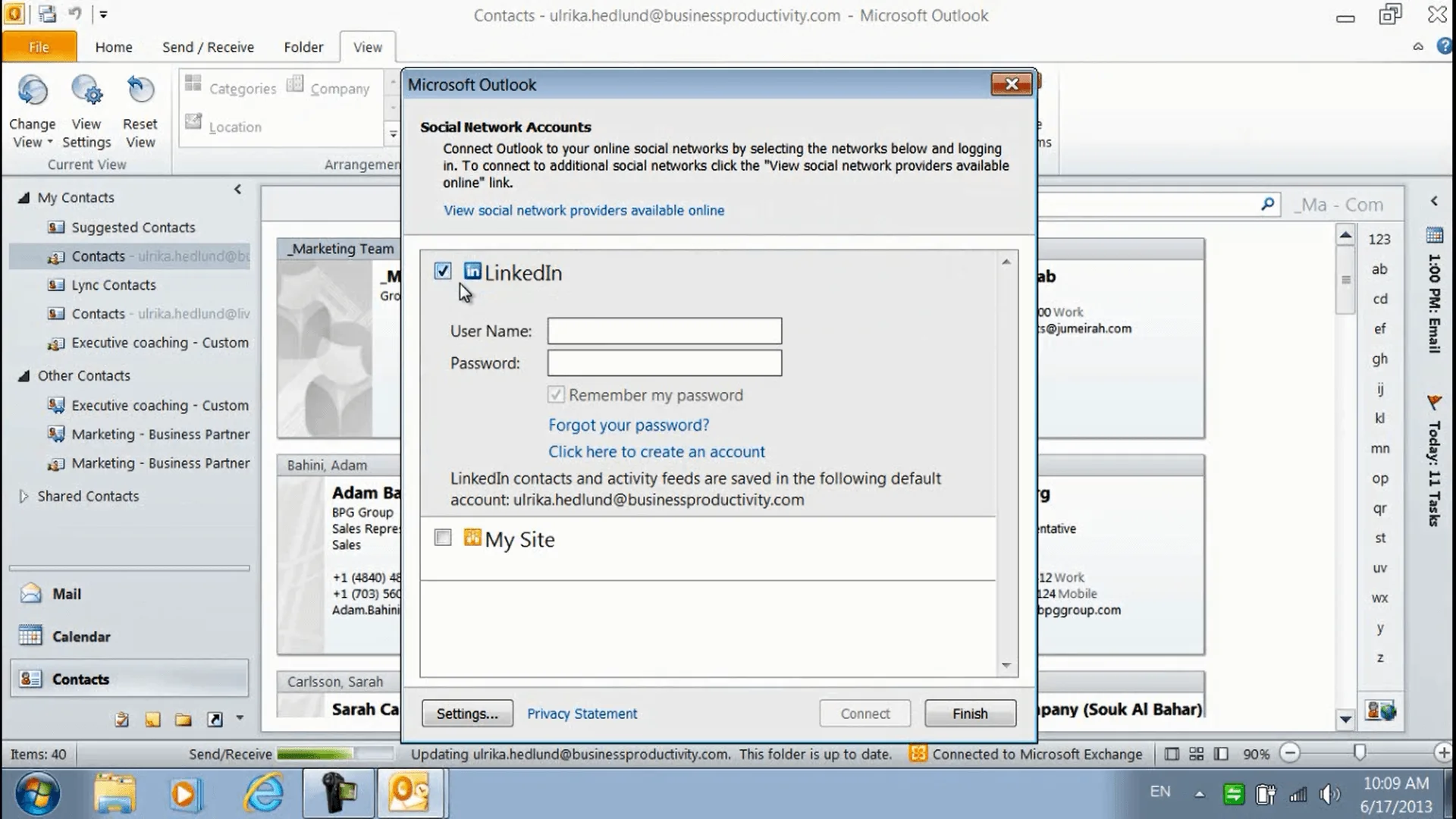 How to connect social networks to Microsoft Outlook 2010 04