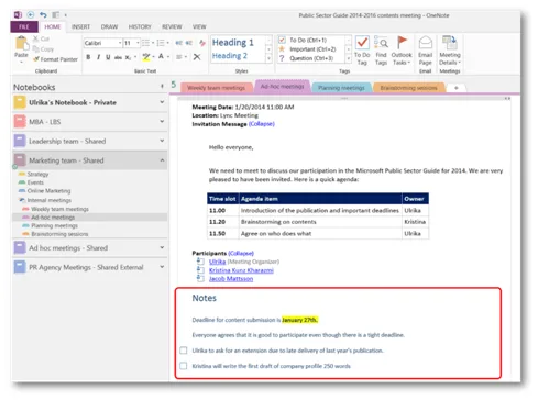 How to effectively use OneNote 2013 shared meeting notes