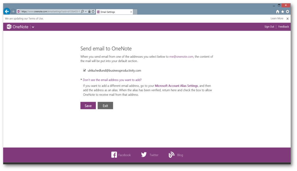 OneNote email setup