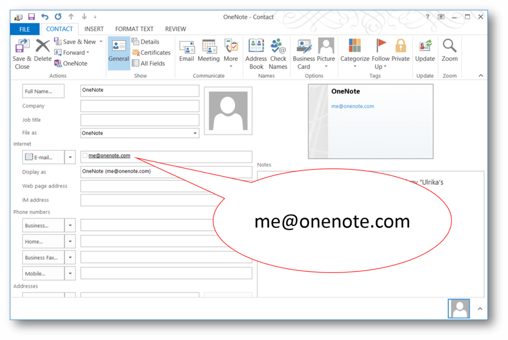 Save OneNote email in your contacts