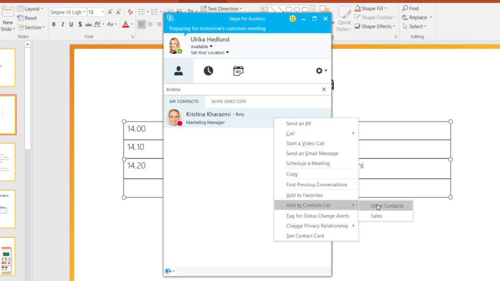 Add to contacts in Skype for Business